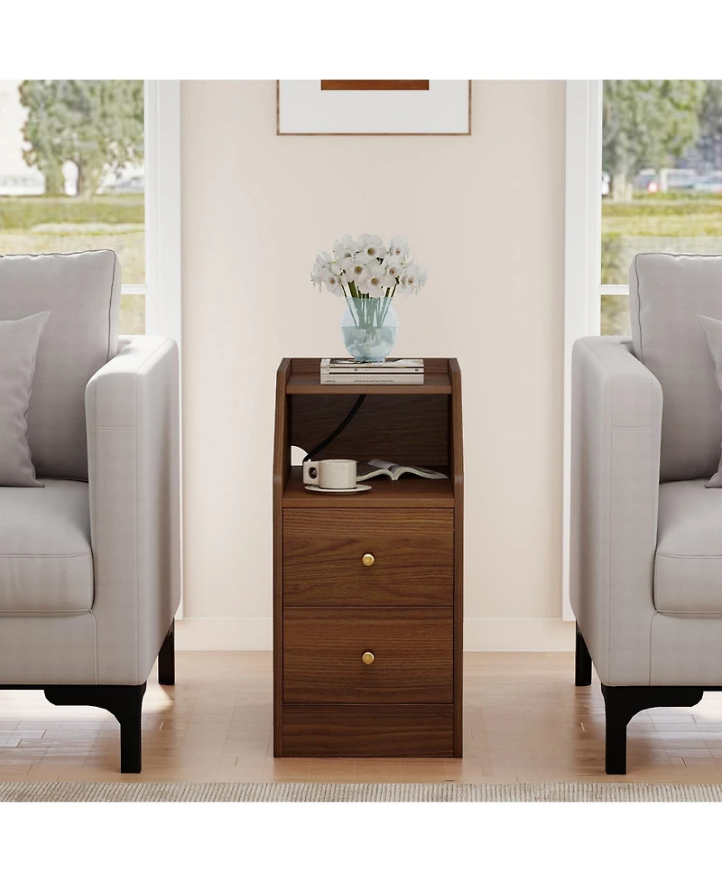 Slickblue End Table with Charging Station, Sofa Side Table with Drawers and Storage Shelf
