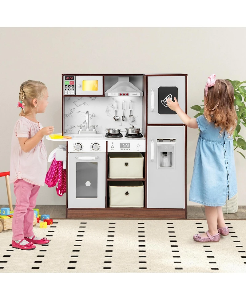 Gymax Kids Kitchen Playset with Attractive Lights and Sounds Range Hood Microwave Ice Maker
