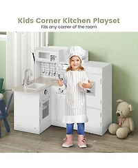 Gymax Kid's Corner Kitchen Playset Wooden Chef Play with Sink Stove Range Hood Utensils