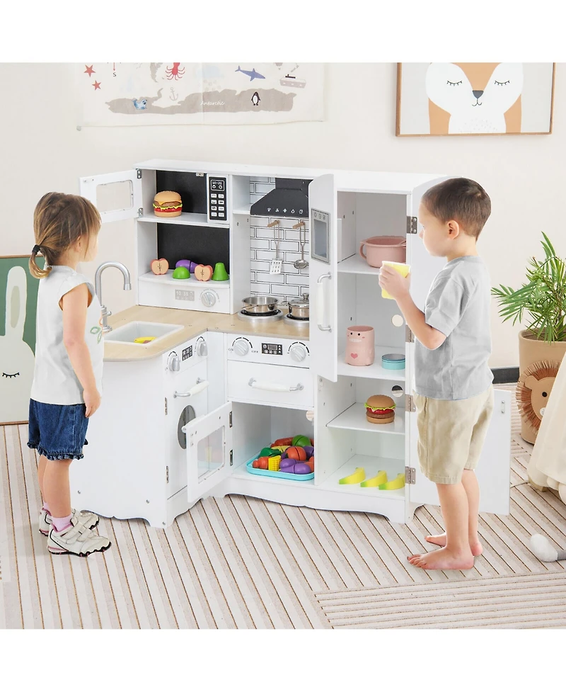 Gymax Kid's Corner Kitchen Playset Wooden Chef Play with Stove Utensils and Refrigerator