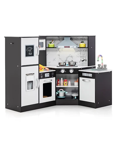 Gymax Kids Corner Kitchen Playset Wooden Pretend Play Toy with Microwave White
