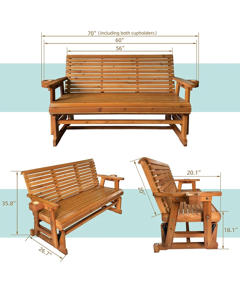 Mega Casa 5 Foot 3-Seater Patio Glider with Cup Holders, High Roll Back and Deep Contoured Seat