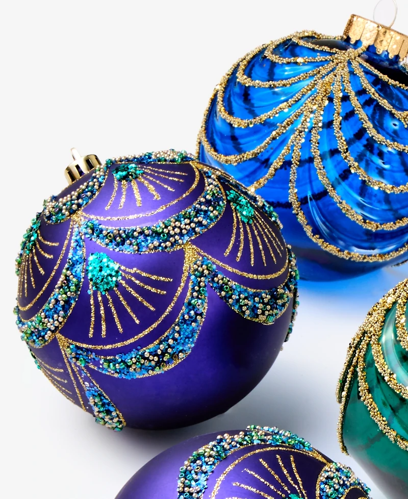 Holiday Lane Opulence Shatterproof Blue, Purple & Green Decorated Ball Ornaments, Set of 4, Macy's Exclusive