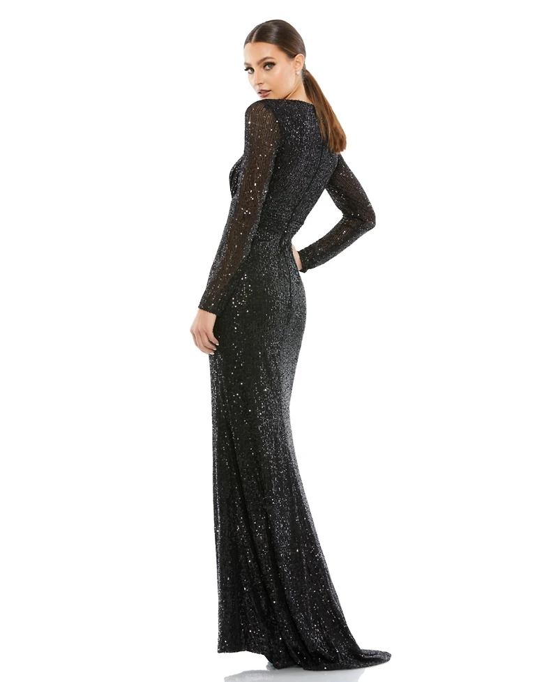 Mac Duggal Women's Floor-Length Sequin Gown Featuring Long Sleeves and Sheer Accents