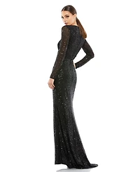 Mac Duggal Women's Floor-Length Sequin Gown Featuring Long Sleeves and Sheer Accents