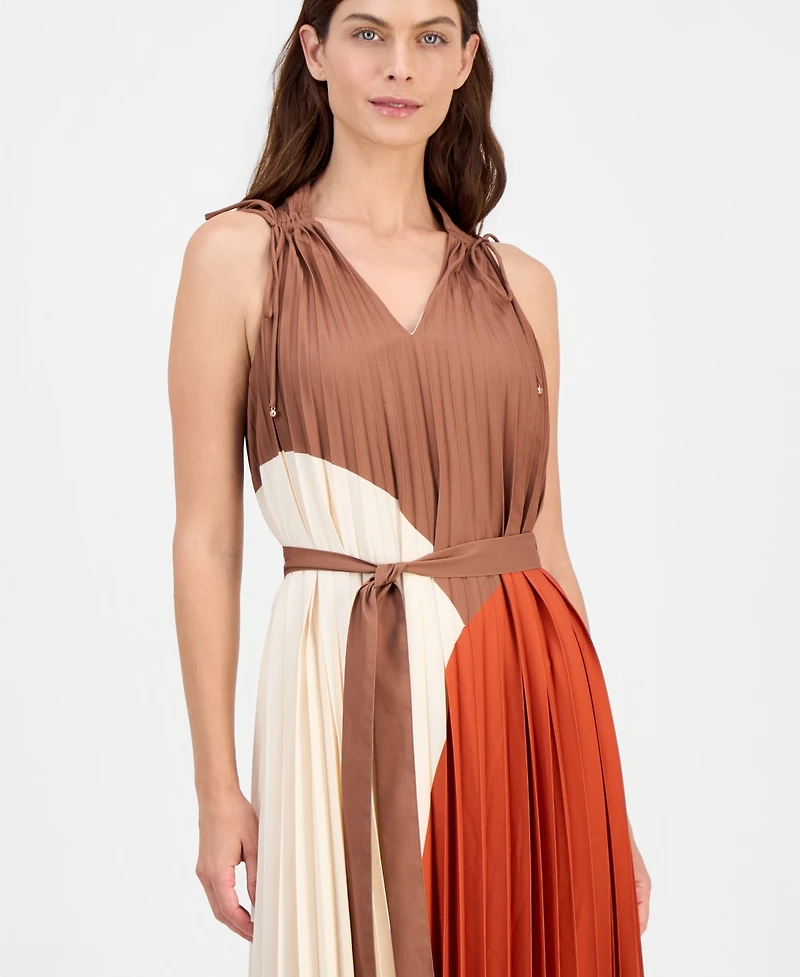 T Tahari Women's V-Neck Pleated A-Line Midi Dress