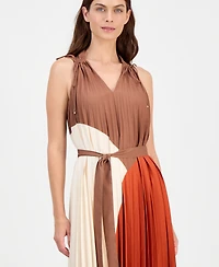 T Tahari Women's V-Neck Pleated A-Line Midi Dress