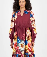T Tahari Women's Floral Long-Sleeve A-Line Midi Dress