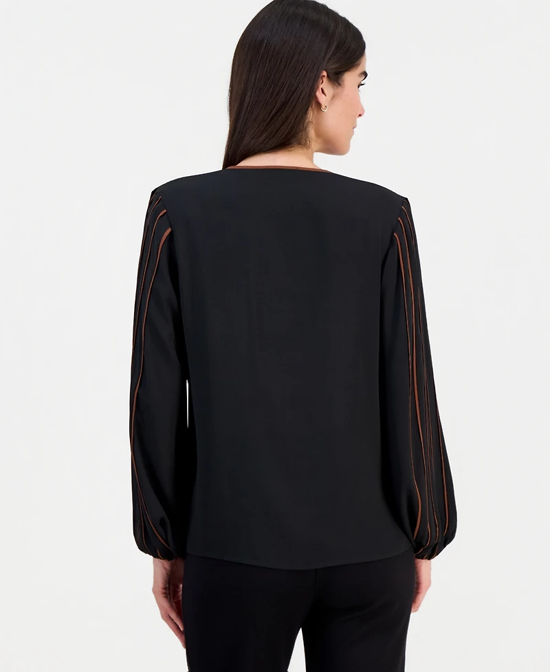 T Tahari Women's Contrast-Tipped V-Neck Blouse