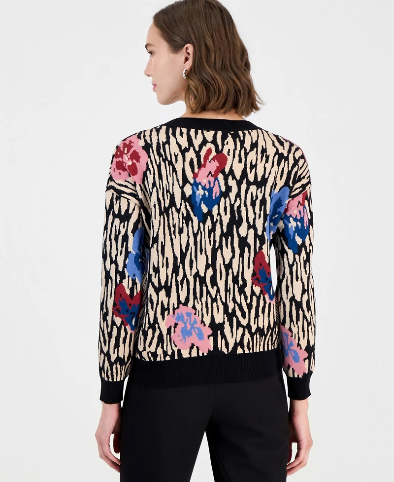 T Tahari Women's Leopard Floral Jacquard Crewneck Sweater
