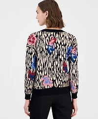 T Tahari Women's Leopard Floral Jacquard Crewneck Sweater