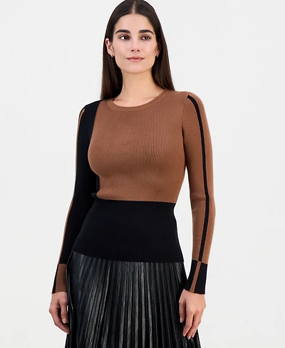 T Tahari Women's Color-Blocked Ribbed Crewneck Sweater