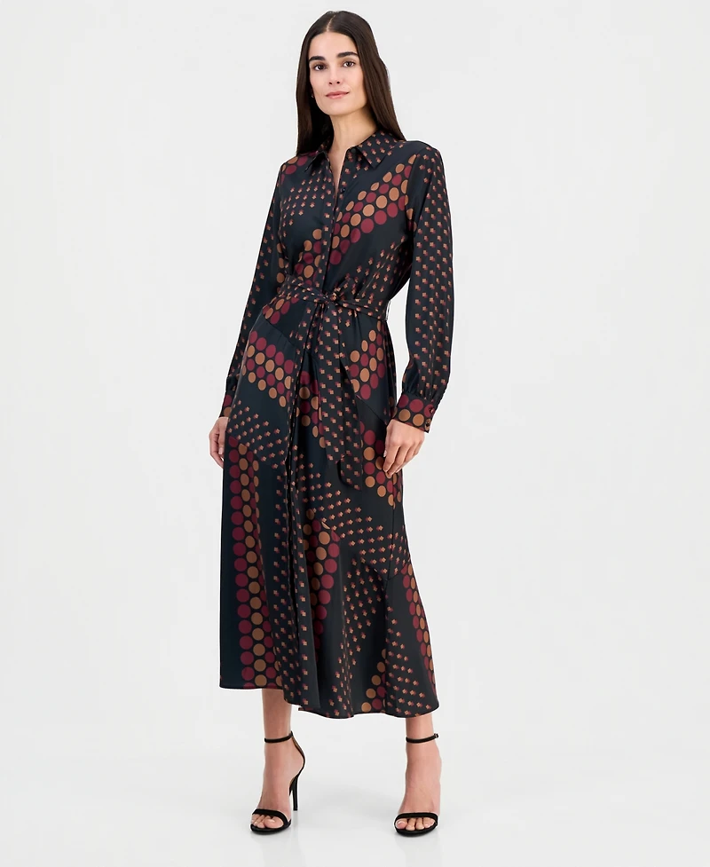T Tahari Women's Printed Tie-Waist Diagonal-Tiered Shirt Dress