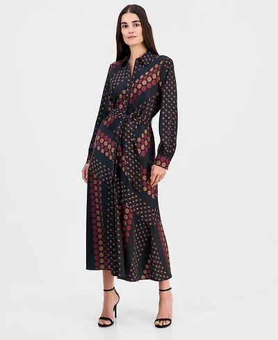 T Tahari Women's Printed Tie-Waist Diagonal-Tiered Shirt Dress