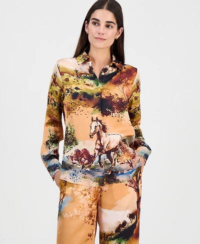 T Tahari Women's Printed Long-Sleeve Button-Down Blouse