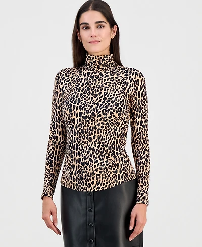 T Tahari Women's Printed Shirred Turtleneck Top