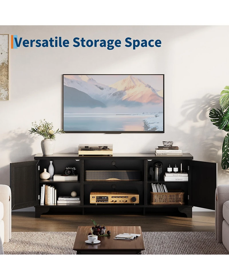 homfan Rattan Tv Stand Fits TVs Up to 70 Inches, Farmhouse Entertainment Center with 2 Cabinets and Open Shelves, Wooden Media Console Table