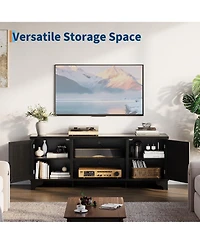 homfan Rattan Tv Stand Fits TVs Up to 70 Inches, Farmhouse Entertainment Center with 2 Cabinets and Open Shelves, Wooden Media Console Table