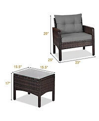 Costway 3 Pieces Patio Pe Wicker Furniture Set with Cushions and Tempered Glass Coffee Table