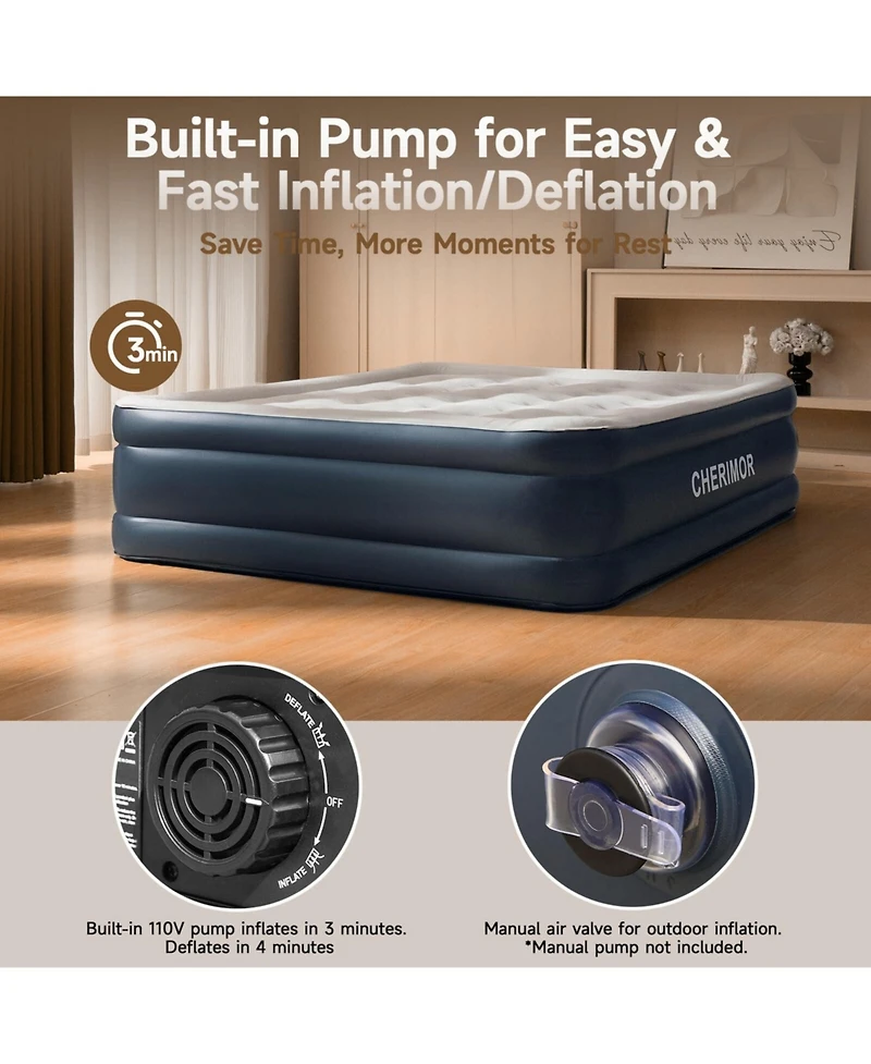 Cherimor 18" King Air Mattress with Built-in Pump, 1000-lb Capacity, Fast Inflation Guest Bed, Honeycomb Support, Blue