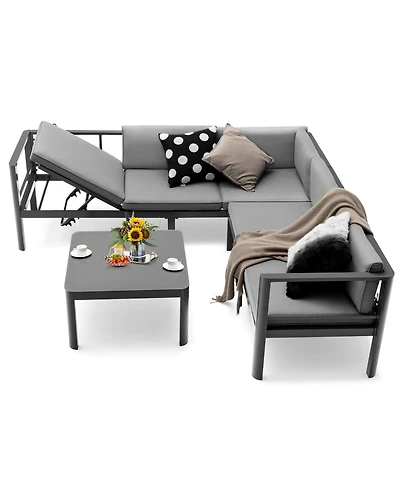 Costway 3Pieces Patio Furniture Set Aluminum Lounge Adjust Back Recliner Sofa Table Cushion