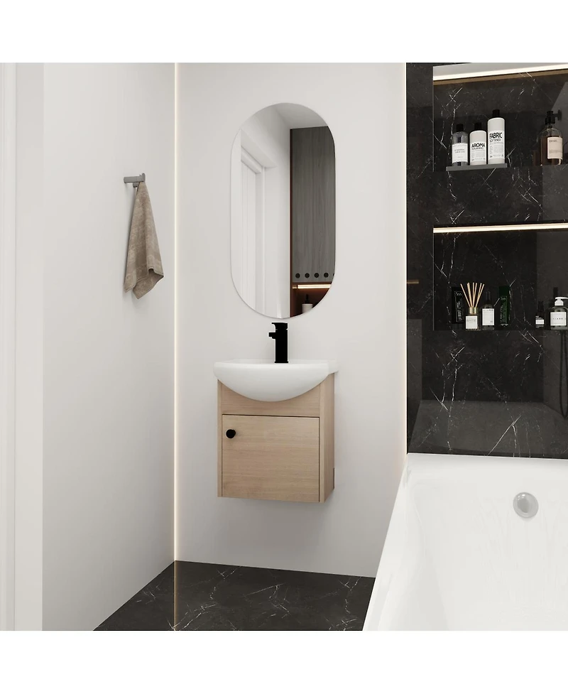 Sillysis 18 Inch Floating Bathroom Vanity with Ceramic Sink, Soft Close Door, Modern Plywood Cabinet for Small Spaces