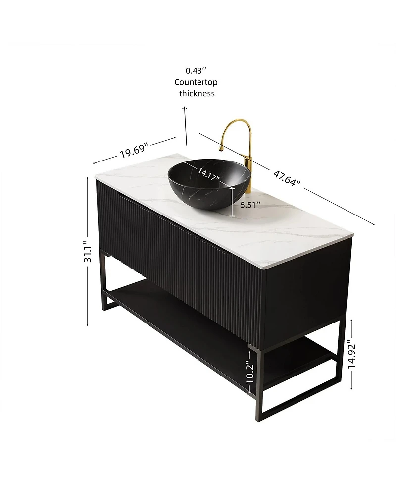Sillysis 48 Inch Modern Bathroom Vanity with Ceramic Vessel Sink, Sintered Stone Countertop, Soft Close Doors