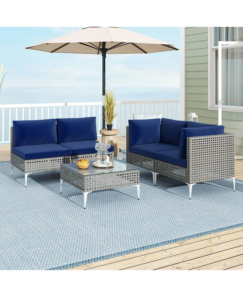 Costway 5 Piece Outdoor Furniture Set with Seat and Back Cushions Tempered Glass Coffee Table