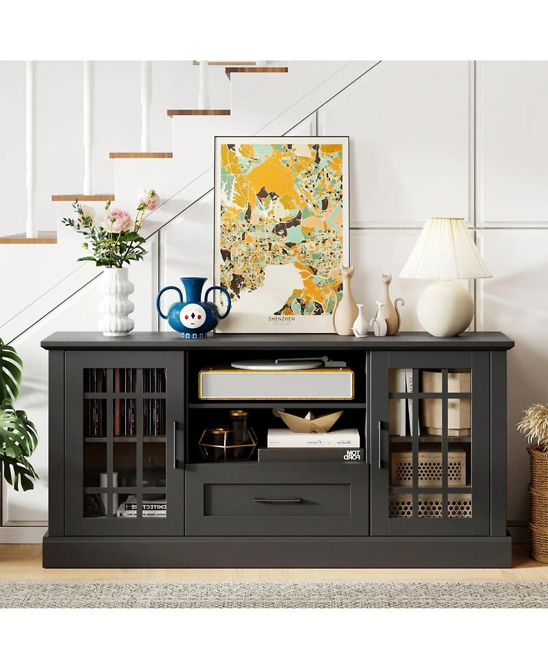 Slickblue Modern Tv Stand with Drawer and Glass Cabinet Doors