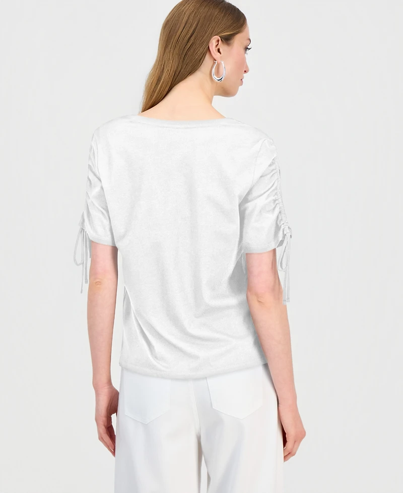 I.n.c. International Concepts Women's Ruched-Sleeve V-Neck Cotton T-Shirt, Macy's Exclusive