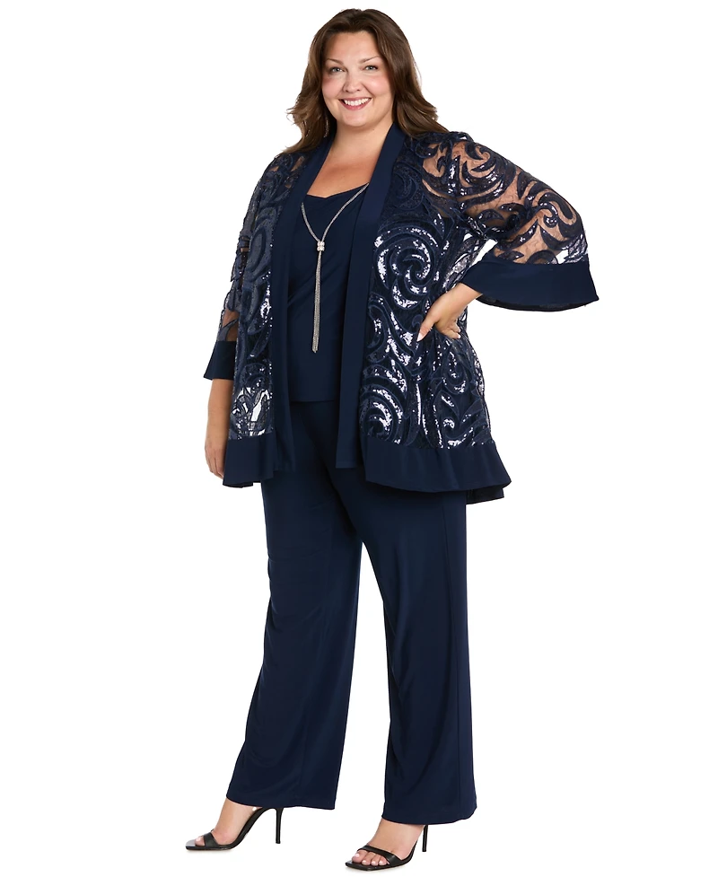 R & M Richards Plus 2-Pc. Sequined Jacket Top Straight-Leg Pants