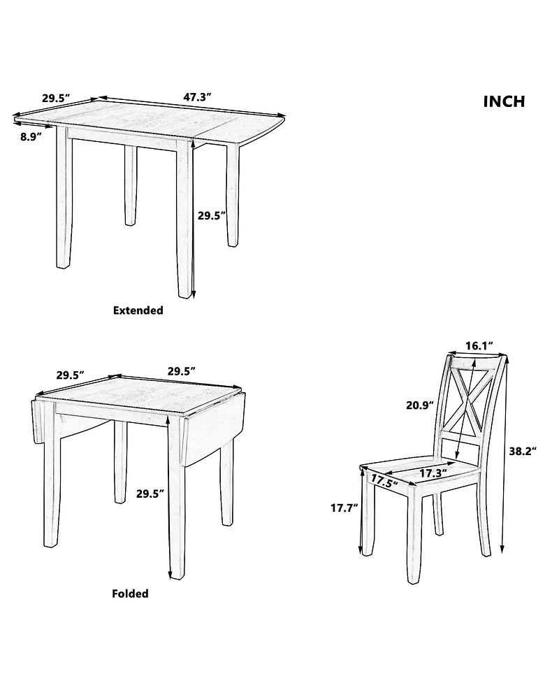 Boyel Living 3-Piece Wood Drop Leaf Breakfast Nook Dining Table Set with 2 X-back Chairs for Small Places
