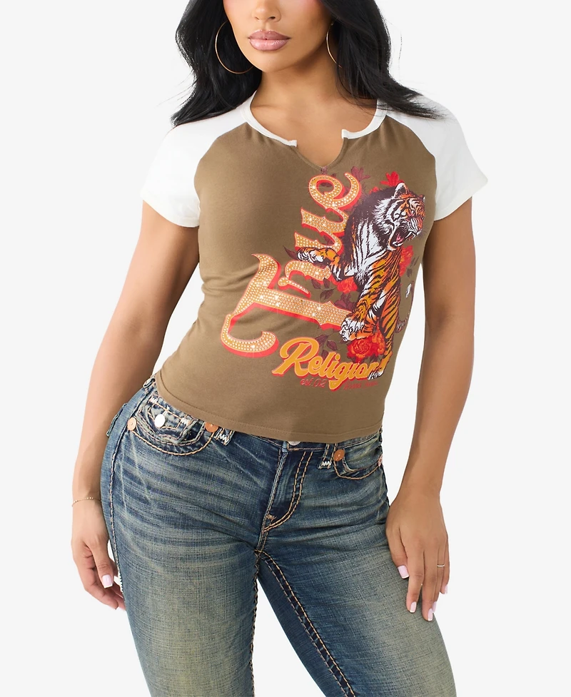 True Religion Women's Contrast Raglan Notch Baby T-Shirt