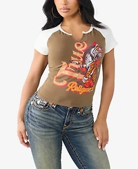 True Religion Women's Contrast Raglan Notch Baby T-Shirt