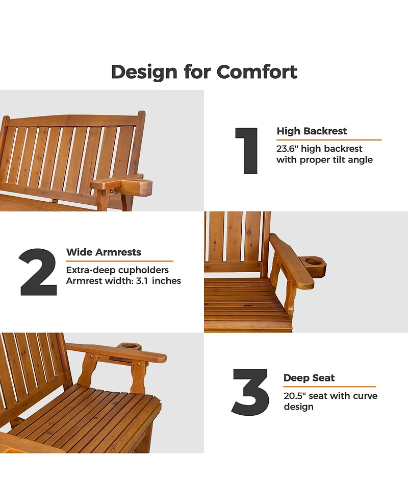 Mega Casa Solid Fir Wood 2-Person Outdoor Glider Bench, Heavy-Duty Wooden Patio Rocking Loveseat with Cup Holders