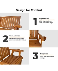Mega Casa Solid Fir Wood 2-Person Outdoor Glider Bench, Heavy-Duty Wooden Patio Rocking Loveseat with Cup Holders