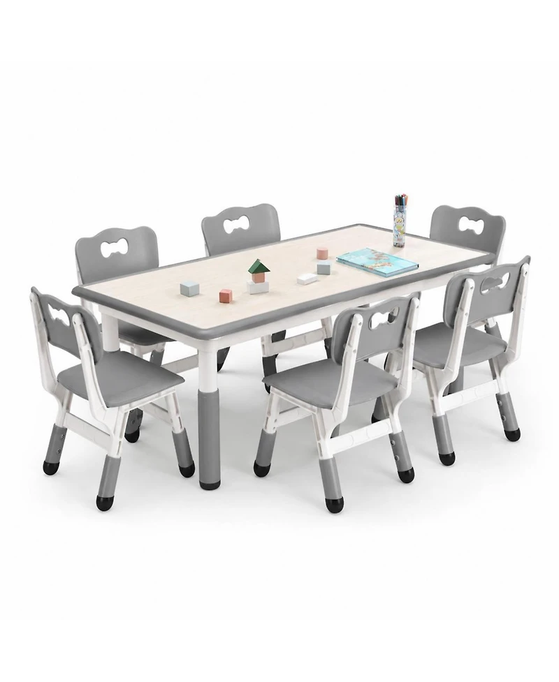 homfan 47 Inch Height Adjustable Kids Table and 6 Chair Set with Non-Slip Legs and Graffiti Desktop