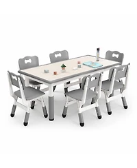 homfan 47 Inch Height Adjustable Kids Table and 6 Chair Set with Non-Slip Legs and Graffiti Desktop