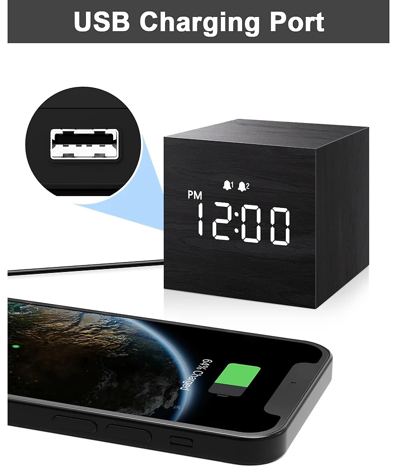 Jall 2.5 Inch Mini Wooden Digital Alarm Clock Dual Alarms with Weekday Weekend and Everyday Modes Adjustable Brightness Usb Powered