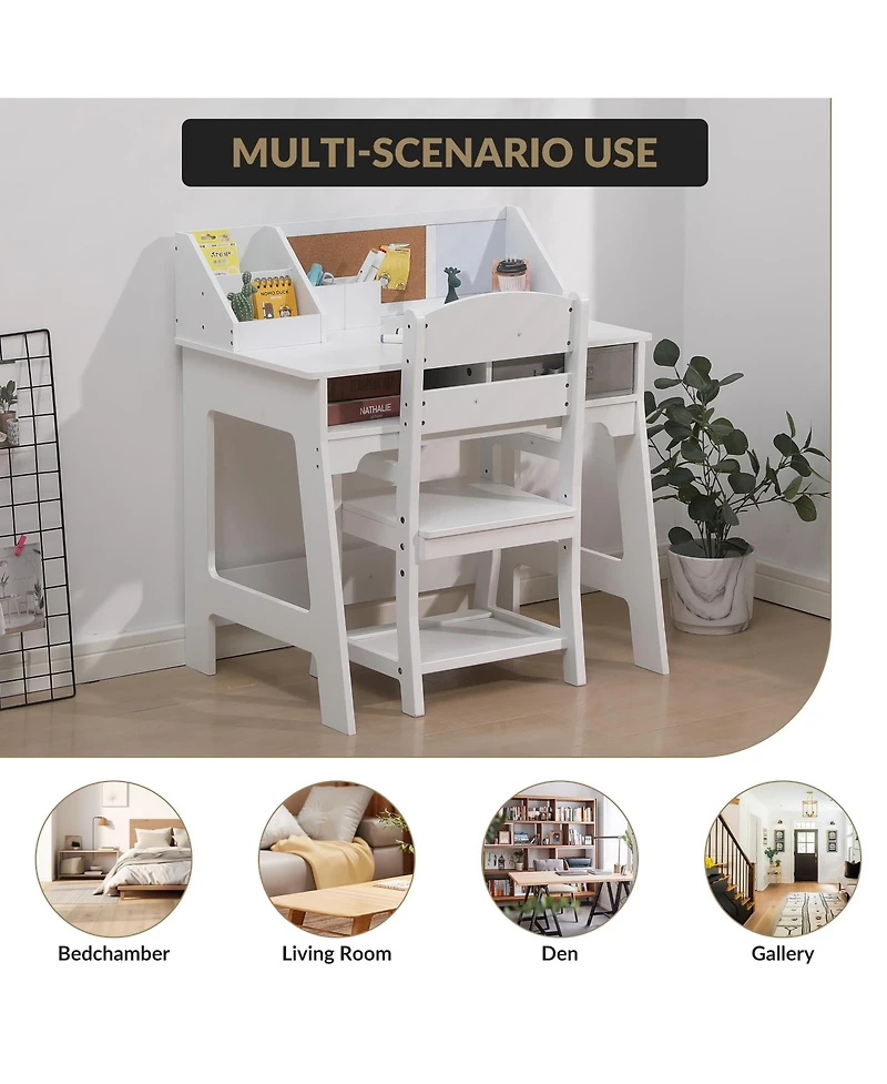 homfan Kids Study Desk and Chair Set, 29 Inch Wooden Student Table with Adjustable Chair and Storage Drawers for Bedroom or Homeschool