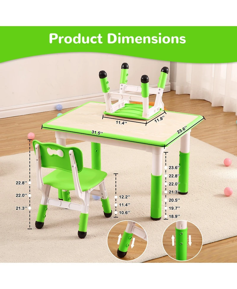 homfan Adjustable Kids Table and 4 Chairs Set, 31.5 Inch Multi Activity with Non Slip Legs for Playroom or Nursery