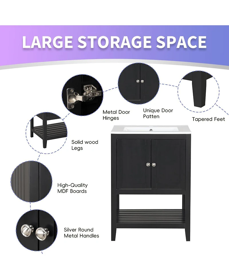 Sillysis 24 Inch Modern Freestanding Bathroom Vanity with Semilune Ceramic Sink, Solid Wood Frame and Open Shelf Storage