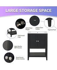 Sillysis 24 Inch Modern Freestanding Bathroom Vanity with Semilune Ceramic Sink, Solid Wood Frame and Open Shelf Storage