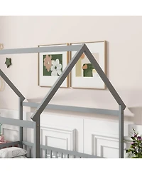 Sailvan House Floor Wooden Bed with Roof Frame, Safety Guardrails