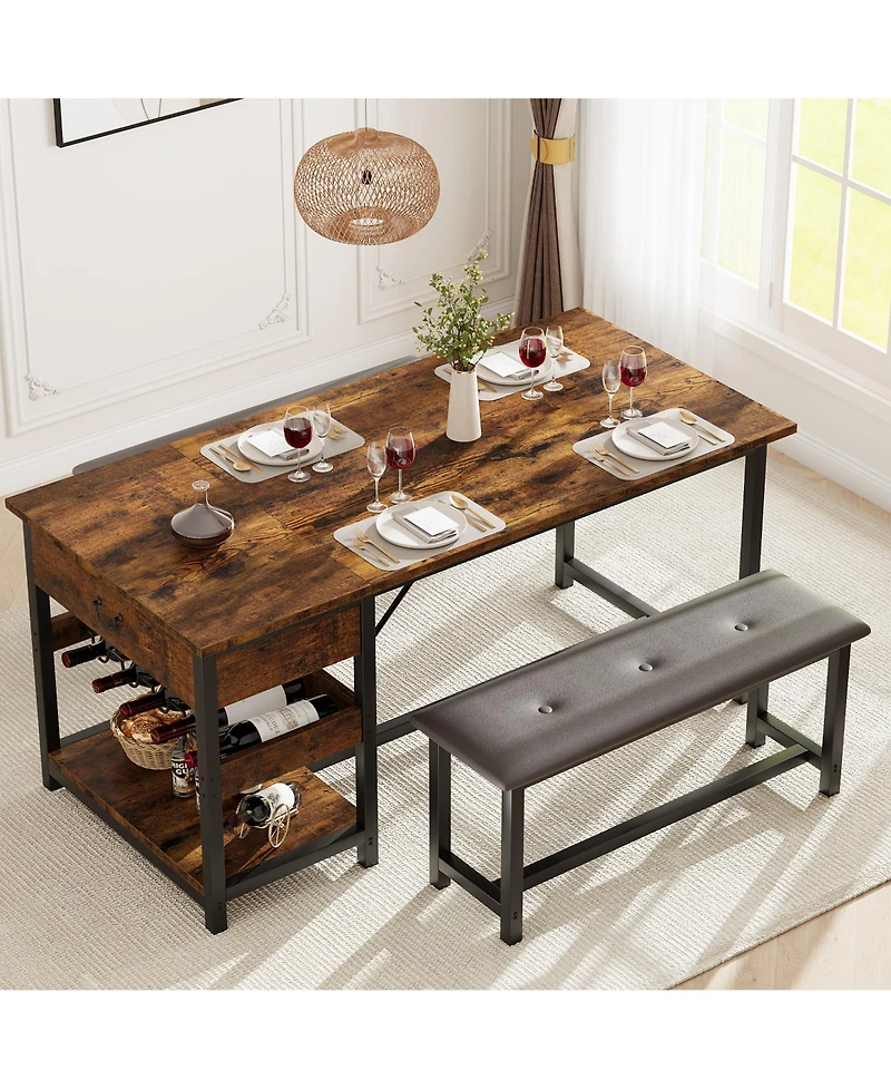 homfan Space Saving Dining Table Set for 4 Modern Table with 2 Pu Leather Benches, Storage Drawers and Wine Rack
