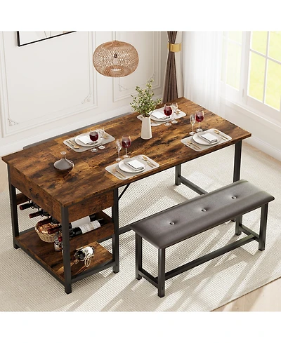 homfan Space Saving Dining Table Set for 4 Modern Table with 2 Pu Leather Benches, Storage Drawers and Wine Rack