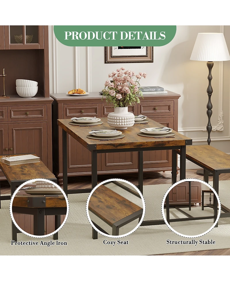 homfan 4-Piece Space Saving Dining Set, Sturdy Engineered Wood Metal Frame Bench Set Easy Care Home Furniture
