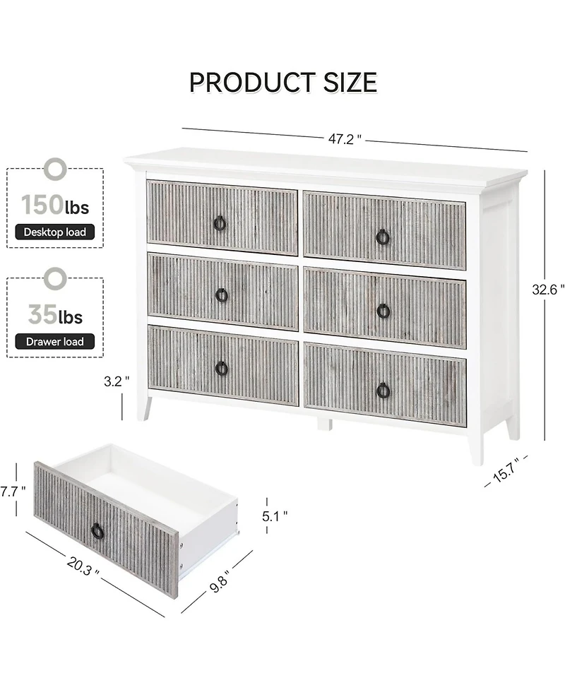 gaomon 6-Drawer Fluted Dresser, Wide Wood Chest with Deep Storage