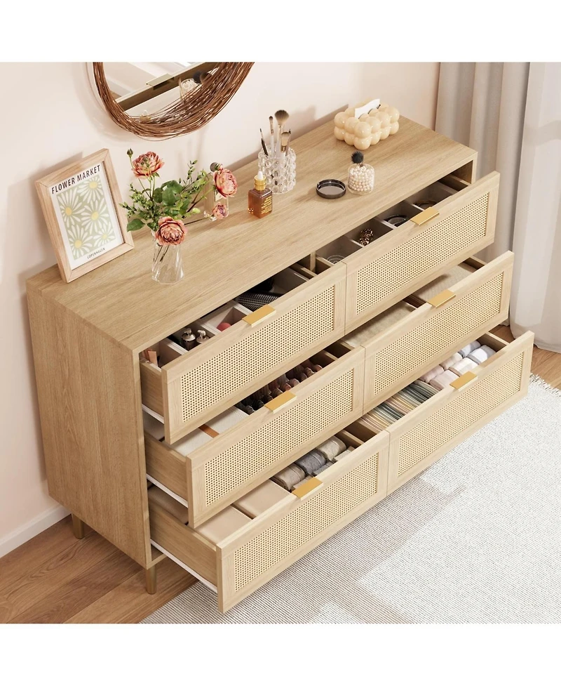 gaomon Rattan 6 Drawer Wide Double Dresser, Gold Handles & Legs Bedroom Storage Organizer
