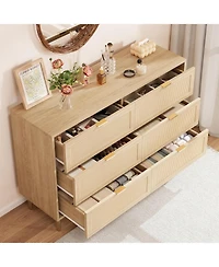 gaomon Rattan 6 Drawer Wide Double Dresser, Gold Handles & Legs Bedroom Storage Organizer